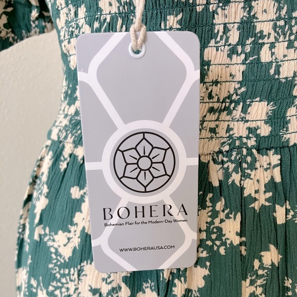 NWT Boho sage green flower print smocked dress w/ pockets! Bohera size L - Picture 5 of 15